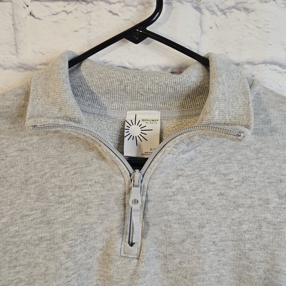 Aerie Offline Quarter Zip Gray Cropped Terry Collared Corset Sweatshirt Sz S - Picture 2 of 7